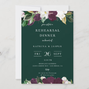Ivory Plum Floral Emerald Green Rehearsal Dinner Invitation