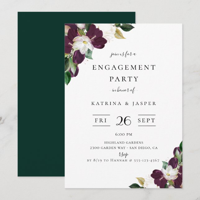 Ivory Plum Floral Engagement Party Invitation (Front/Back)