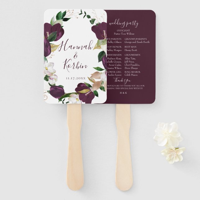 Ivory Plum Floral Wreath Wedding Hand Fan (Front and Back)