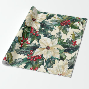 Ivory Poinsettia Crimson Berry Winter Foliage Wrapping Paper