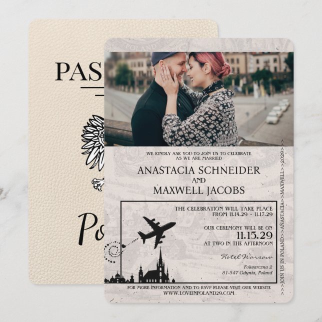 Ivory Poland Passport Wedding Invitation (Front/Back)