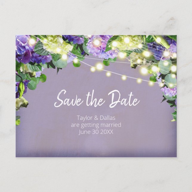 Ivory & Purple Hydrangeas | Purple  Save the Date Postcard (Front)