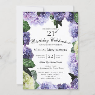Ivory & Purple Hydrangeas   White 21st Birthday Invitation