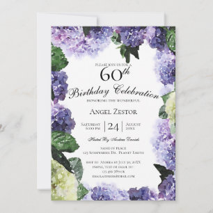 Ivory & Purple Hydrangeas White 60th Birthday Invitation