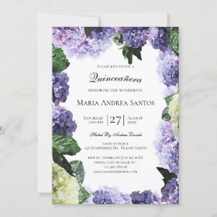 Ivory & Purple Hydrangeas   White Quinceañera Invitation