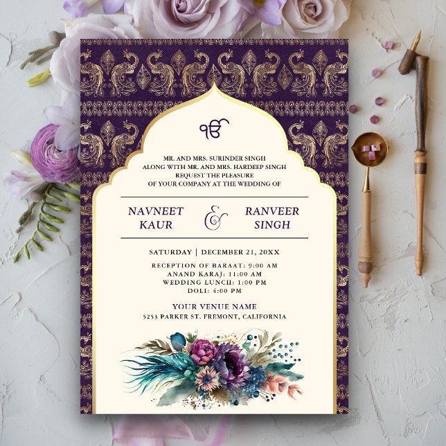 Ivory Purple Peacock Anand Karaj Sikh Wedding Invitation (Creator Uploaded)
