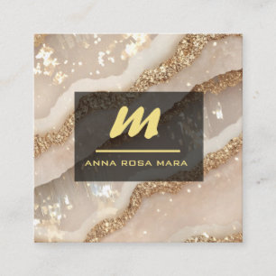 *~* Ivory QR Agate Black Gold Glitter Initial AP66 Square Business Card