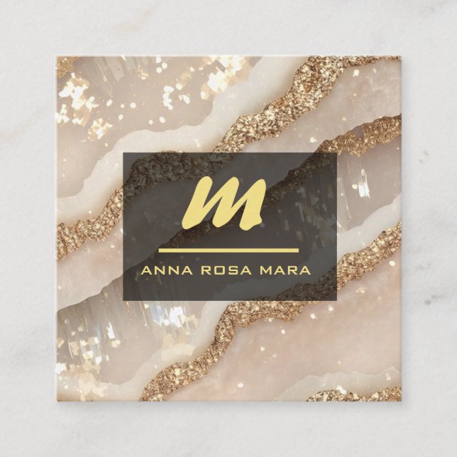 *~* Ivory QR Agate Black Gold Glitter Initial AP66 Square Business Card (Front)