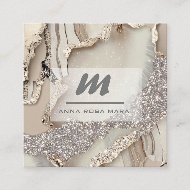 *~* Ivory QR Agate Mauve Luxe Glitter Initial AP66 Square Business Card (Front)