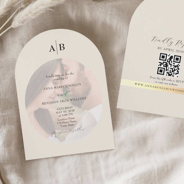 Ivory QR Code and Monogram Photo Wedding Invitation (Creator Uploaded)