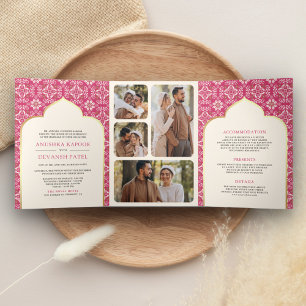 Ivory Rani Pink Pattern All in One Indian Wedding Tri-Fold Invitation