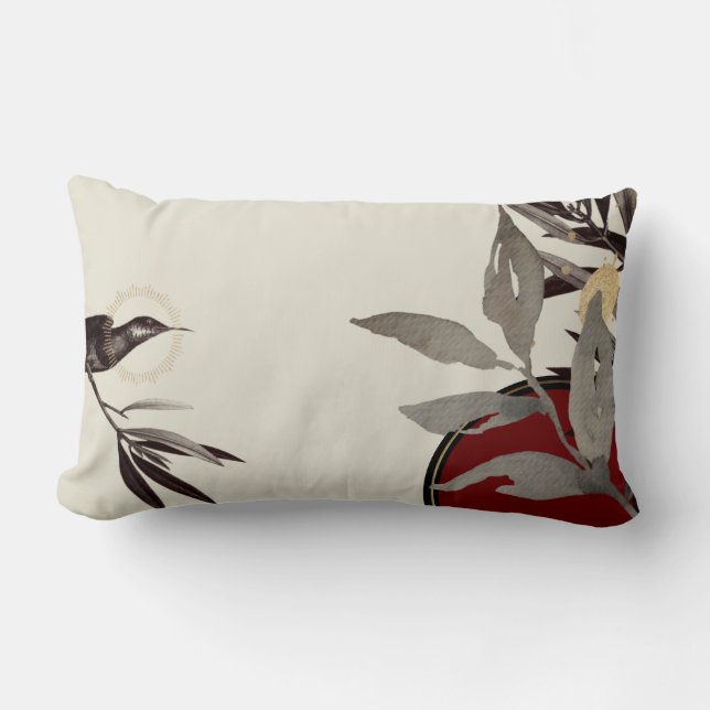 Ivory Red & Black & Grey Watercolor Leaves  Lumbar Cushion (Front)