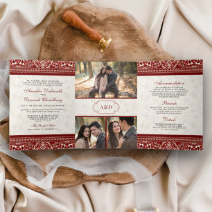 Ivory Red Border All in One Indian Wedding Tri-Fold Invitation