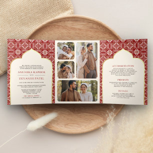Ivory Red Pattern All in One Indian Wedding Tri-Fold Invitation