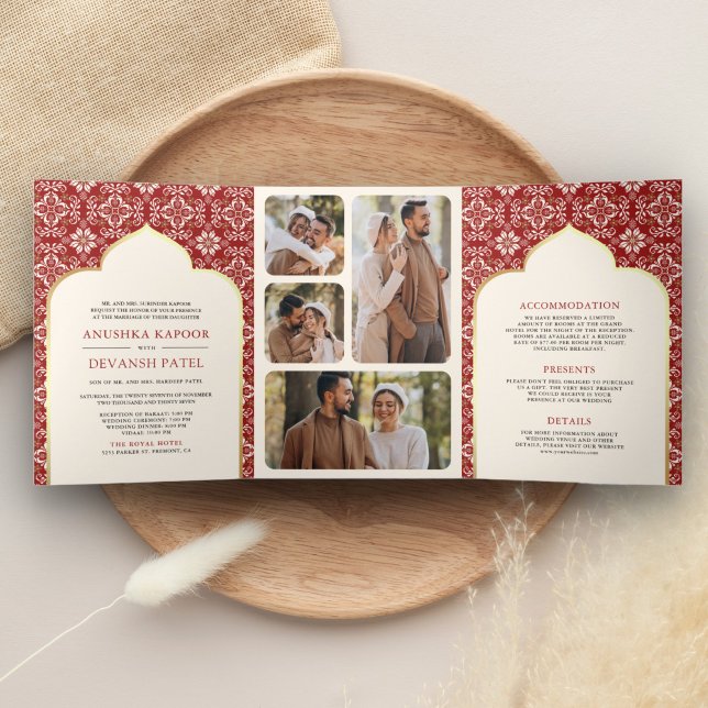 Ivory Red Pattern All in One Indian Wedding Tri-Fold Invitation (Creator Uploaded)