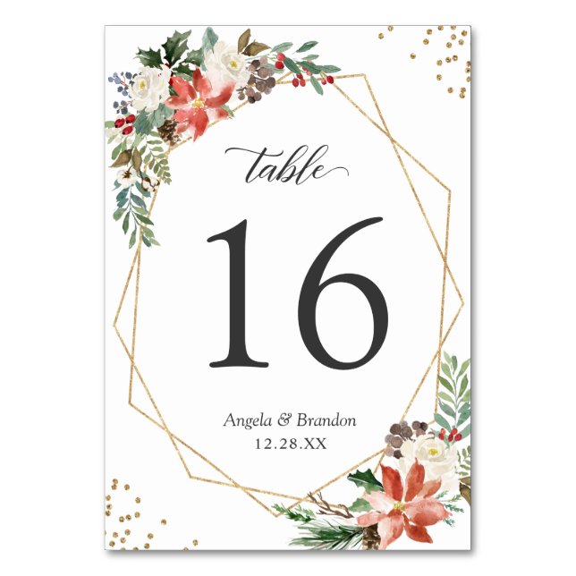 Ivory Red Poinsettia Floral Wedding Table Number (Front)