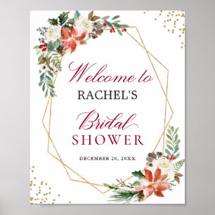 Ivory Red Poinsettia Gold Frame Bridal Shower Sign