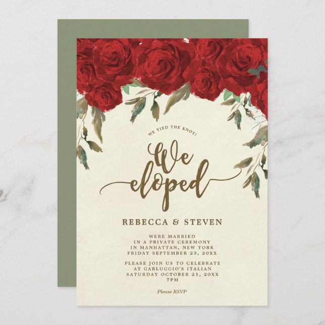 ivory red roses modern we eloped invitation (Front/Back)