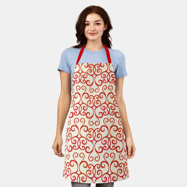 Ivory Red Swirly Damask Christmas Pattern Elegant Apron (Worn)