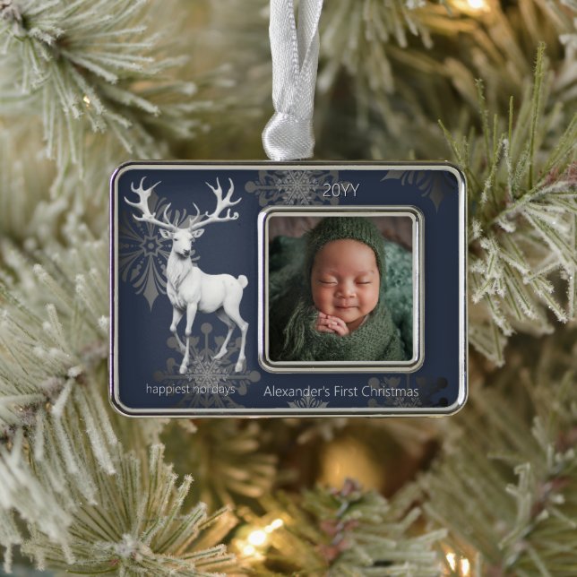 Ivory Reindeer Babys First Christmas | Blue Silver Plated Framed Ornament (Tree)