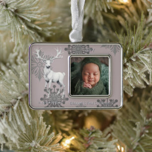 Ivory Reindeer Babys First Christmas   Pink Silver Plated Framed Ornament