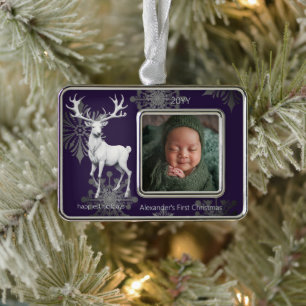 Ivory Reindeer Babys First Christmas   Purple Silver Plated Framed Ornament
