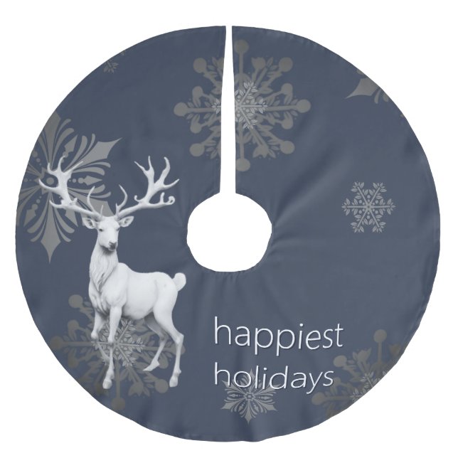 Ivory Reindeer Christmas | Blue Brushed Polyester Tree Skirt (Front)