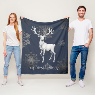 Ivory Reindeer Christmas Blue Fleece Blanket