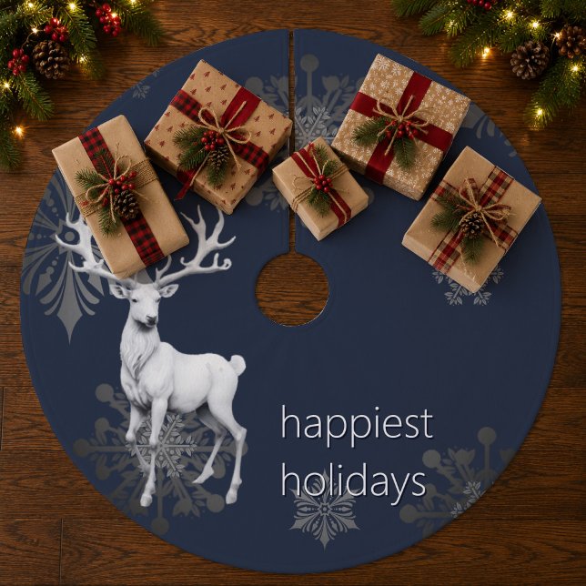 Ivory Reindeer Christmas | Blue Fleece Tree Skirt (Ivory Reindeer Christmas Blue Christmas Tree Skirt)