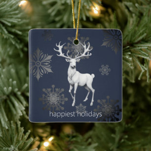 Ivory Reindeer Christmas   Blue Photo Ceramic Ornament