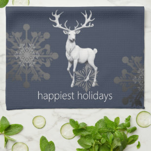 Ivory Reindeer Christmas Blue Tea Towel