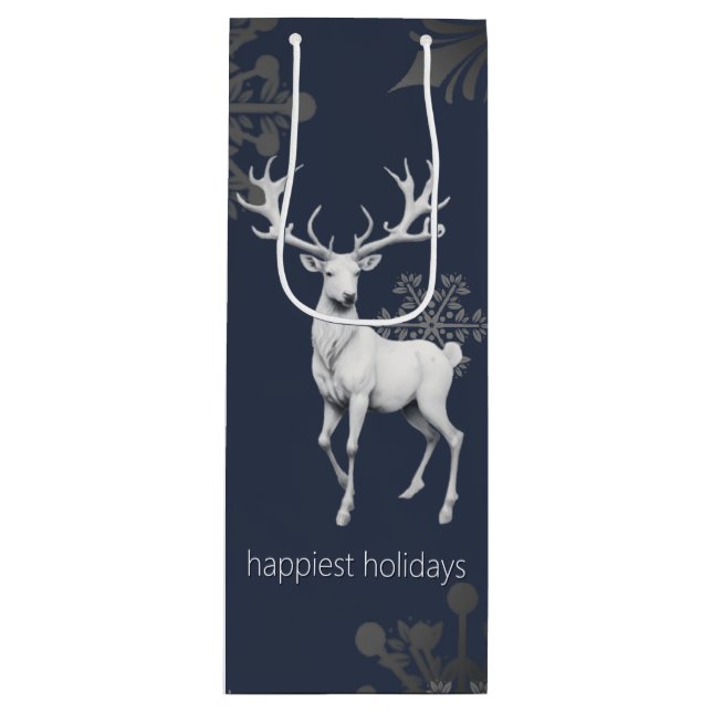 Ivory Reindeer Christmas | Blue Wine Gift Bag (Front)