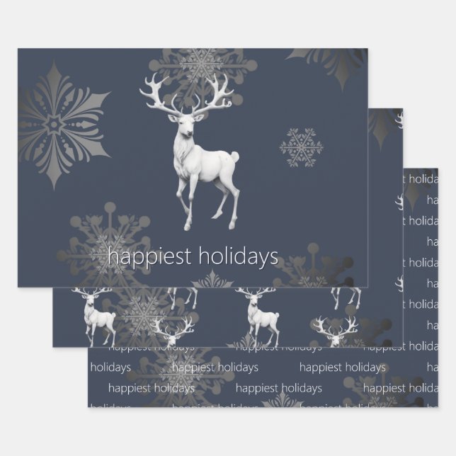 Ivory Reindeer Christmas | Blue Wrapping Paper Sheet (Set)