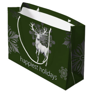 Ivory Reindeer Christmas Green Large Gift Bag