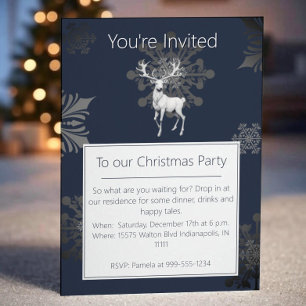 Ivory Reindeer Christmas Party   Blue Invitation