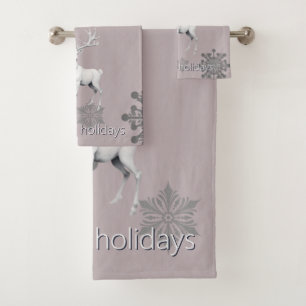 Ivory Reindeer Christmas   Pink Bath Towel Set