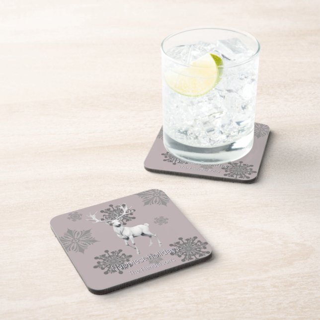 Ivory Reindeer Christmas | Pink Personalised Coaster (Right Side)