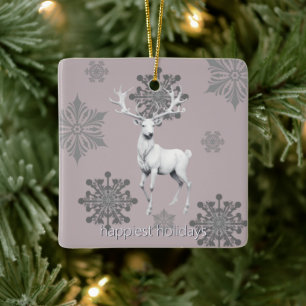 Ivory Reindeer Christmas   Pink Photo Ceramic Ornament