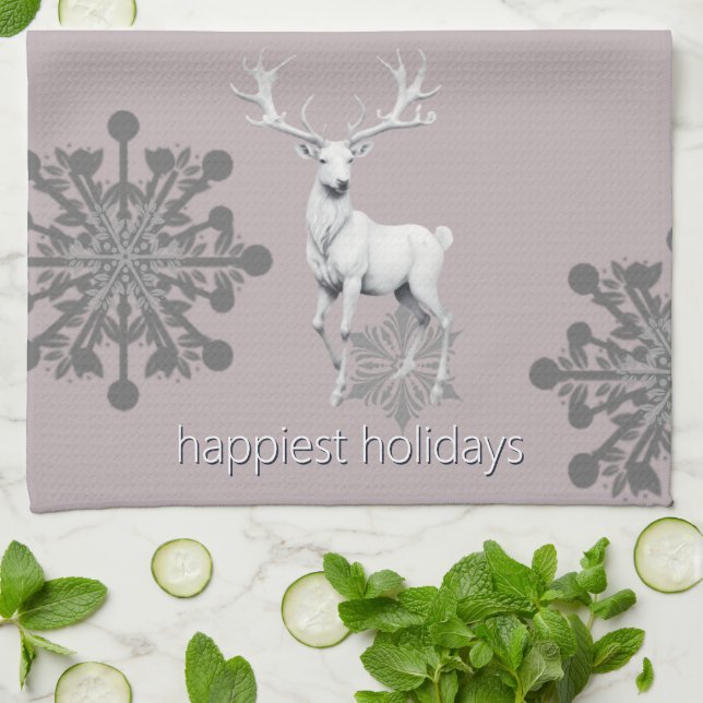 Ivory Reindeer Christmas | Pink Tea Towel (Folded)