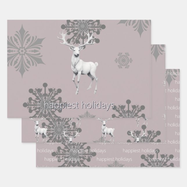 Ivory Reindeer Christmas | Pink Wrapping Paper Sheet (Set)
