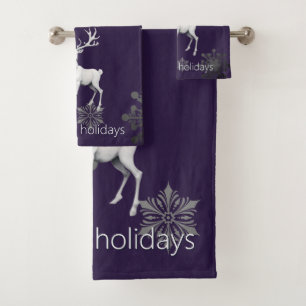 Ivory Reindeer Christmas   Purple Bath Towel Set