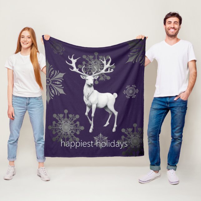 Ivory Reindeer Christmas | Purple Fleece Blanket (In Situ)