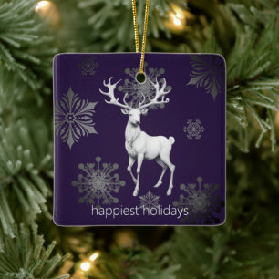 Ivory Reindeer Christmas   Purple Photo Ceramic Ornament