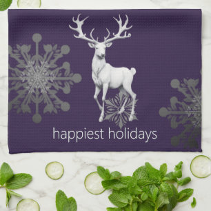 Ivory Reindeer Christmas   Purple Tea Towel