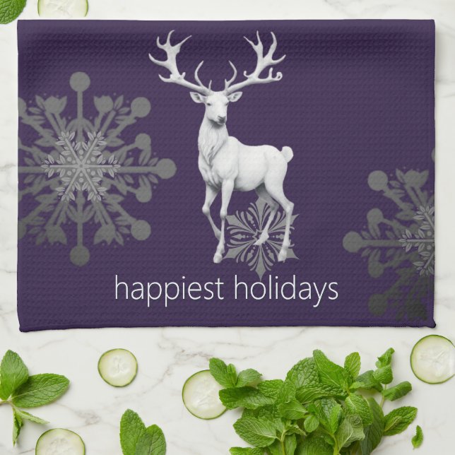 Ivory Reindeer Christmas | Purple Tea Towel (Folded)