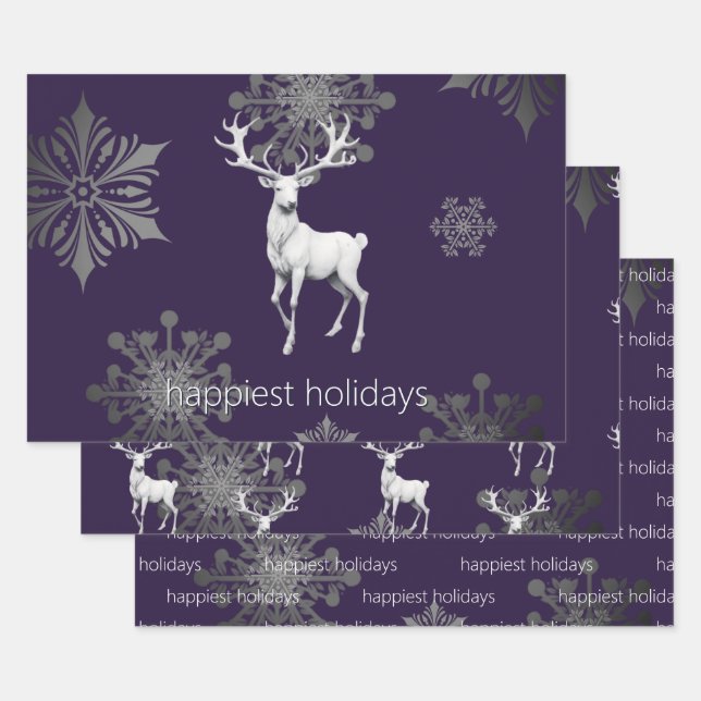 Ivory Reindeer Christmas | Purple Wrapping Paper Sheet (Set)