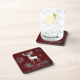 Ivory Reindeer Christmas Red Personalised Coaster