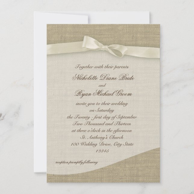 Ivory Ribbon and Burlap Wedding Invitation (Front)