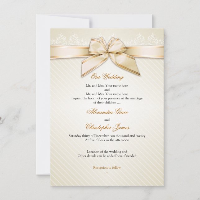 Ivory Ribbon Gold Stripes Wedding Invitation S3 (Front)