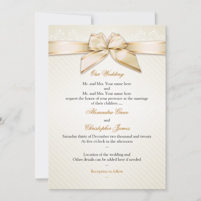 Ivory Ribbon Gold Stripes Wedding Invitation S5 (Front)